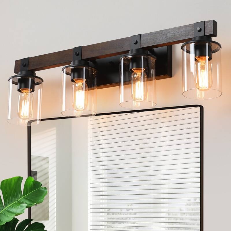 Vanity Light, Industrial Bathroom Wall Sconce with Glass Shades and Wood Accent, Modern Farmhouse Lighting Fixture (No Bulbs)