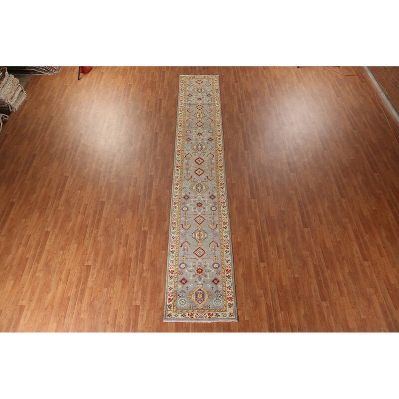 Geometric Kazak Runner Rug Handmade Grey Wool Carpet - 2'8" x 16'3"