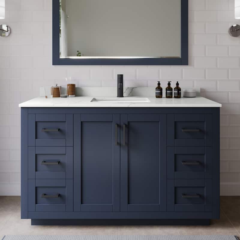 Wyndham Collection WCF292954S-QTZ-UNSM46 Miranda 54" Free Standing - Dark Blue / Giotto Quartz Top / Matte Black