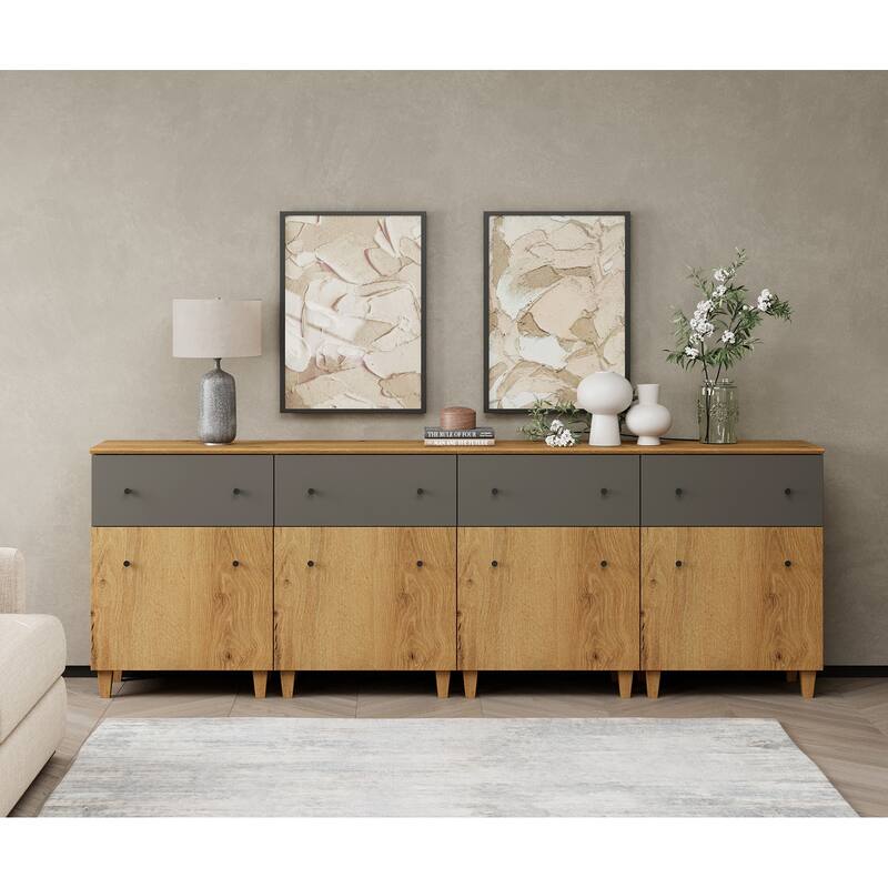 4-In-1 Buffet Cabinets for Dining Room, 94.4" Kitchen Sideboards - 4 Packs - Oak Brown & Dark Grey