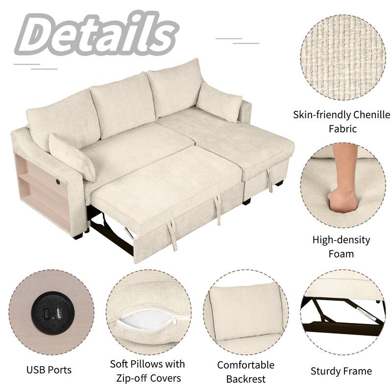 90" Convertible Sleeper Sofa with Storage Chaise, USB Ports, Storage Racks for Compact Spaces