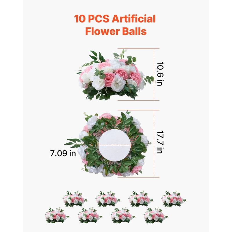 White Pink Silk Rose Flower Balls Set of 10 with Base for Weddings - 17.7 x 17.7 x 10.6 inch