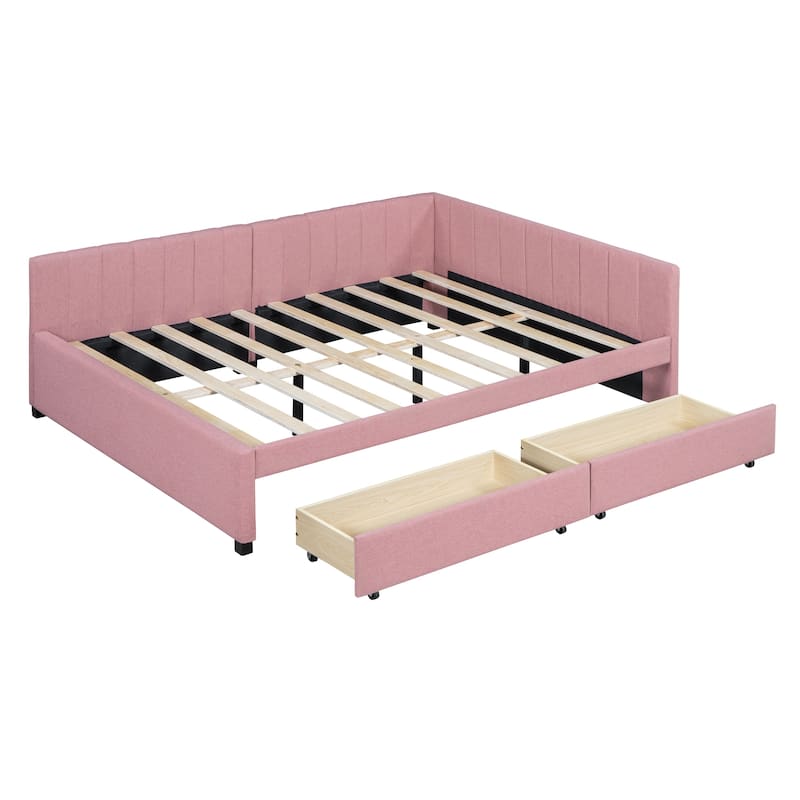 Full Size Upholstered Daybed with Storage Drawers, Linen Fabric, Pink