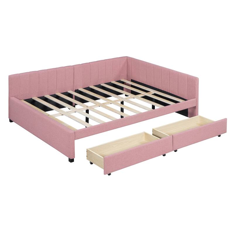 L-Shaped Backrest Daybed Upholstered Daybed Frame Classic Wood Slats Design with 2 Storage Drawers or Trundle, Full Size