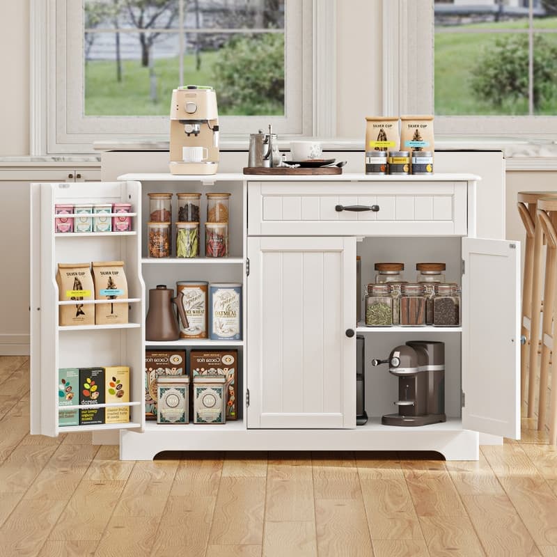 Buffet Cabinet Storage Sideboard, Kitchen Sideboard Storage Buffet Cabinet with Drawer and 3 Doors - White
