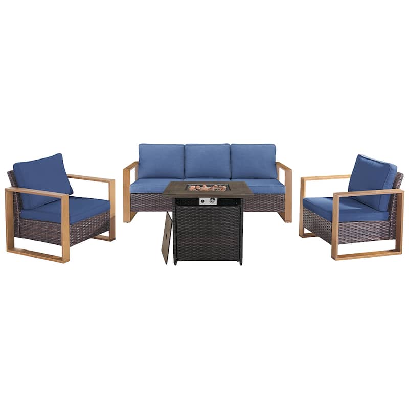 Pocassy Outdoor Fire Pit with 3-Seat Sofa Club Chairs Patio Furniture Set