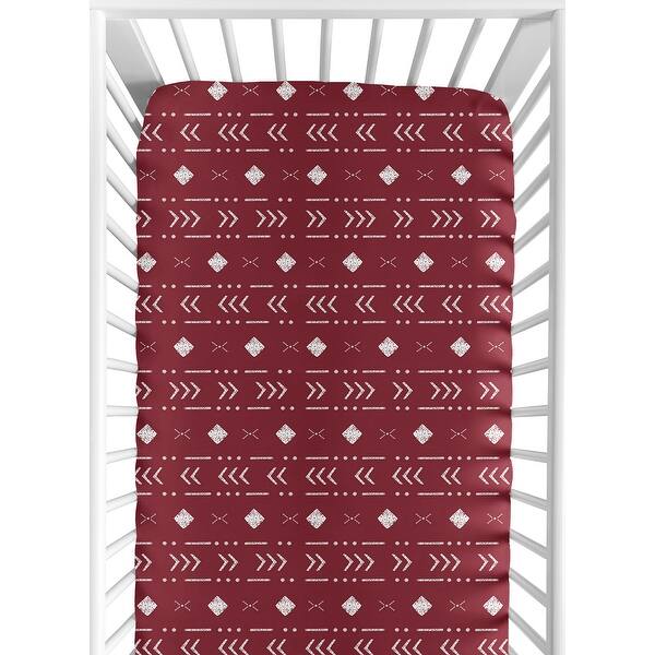 slide 2 of 6, Red Tribal Mudcloth Fitted Crib Sheet Burgundy Wine and White Woodland Bohemian Geometric Arrow Gender Neutral Aztec Mud Cloth