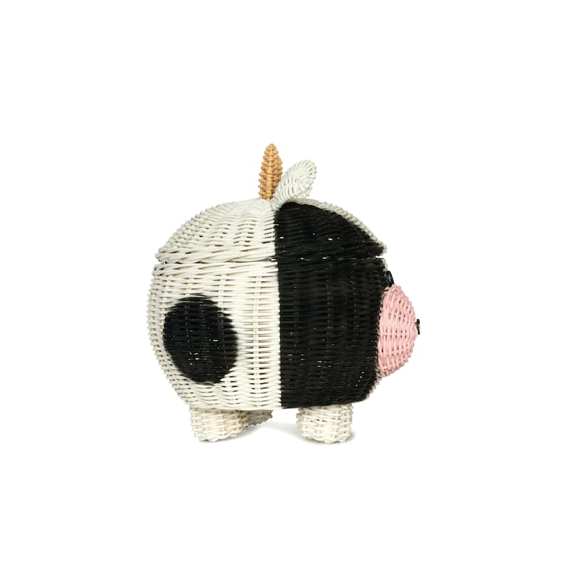 Cow Rattan Storage Basket with Lid Decorative Bin Home Decor Hand Woven Shelf Organizer Cute Handmade Handcrafted Gift