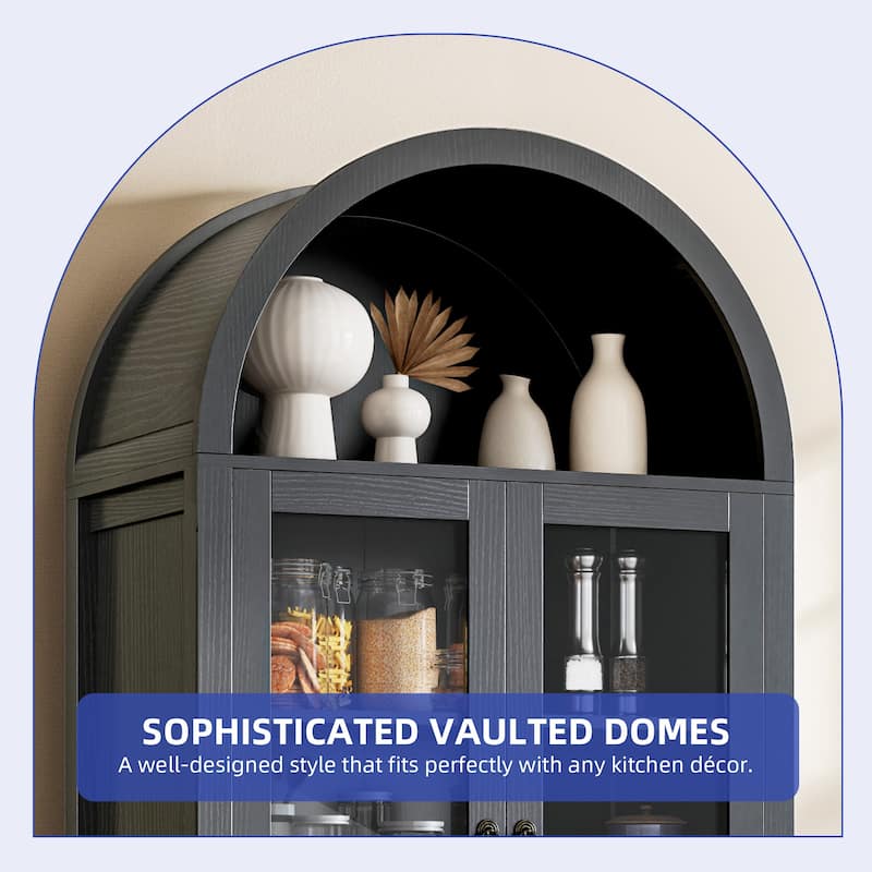 Modern 71" Tall Arched Kitchen Pantry Cabinet with LED Light,Bookcase Cabinet with Storage and Glass Doors
