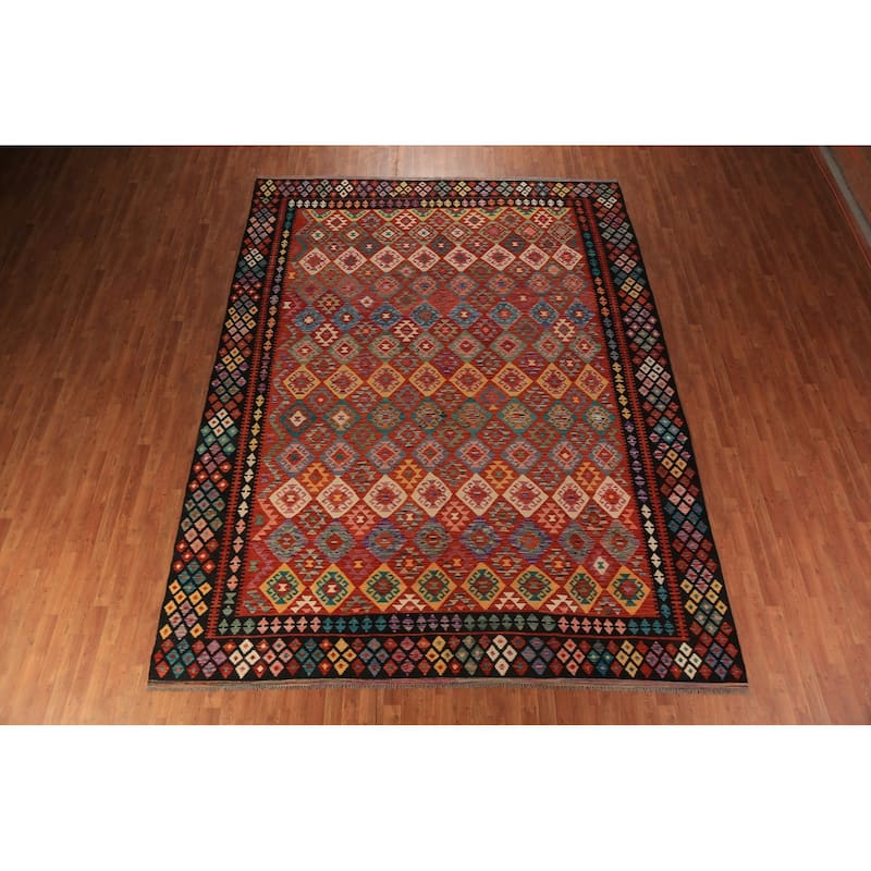 Reversable Kilim Oriental Area Rug Hand-Woven Orange Wool Carpet - 9'11"x 13'0"