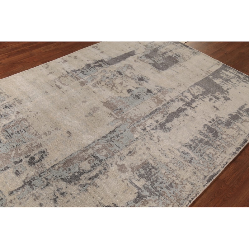 Contemporary Abstract Oriental Area Rug Handmade Beige Wool Carpet - 5'4"x 7'5"
