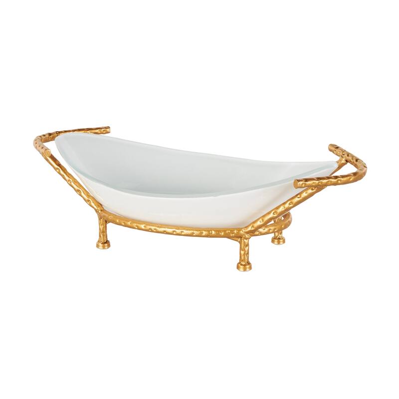 Tempered Glass Kitchen Serving Bowl with Gold Metal Stand - White - Roche River Decor - 10"W x 21"L x 6"H