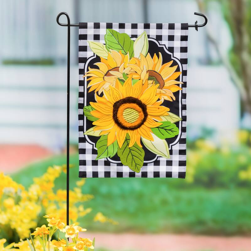 12.5 in. x 18 in. Sunflowers and Checks Garden Linen Flag