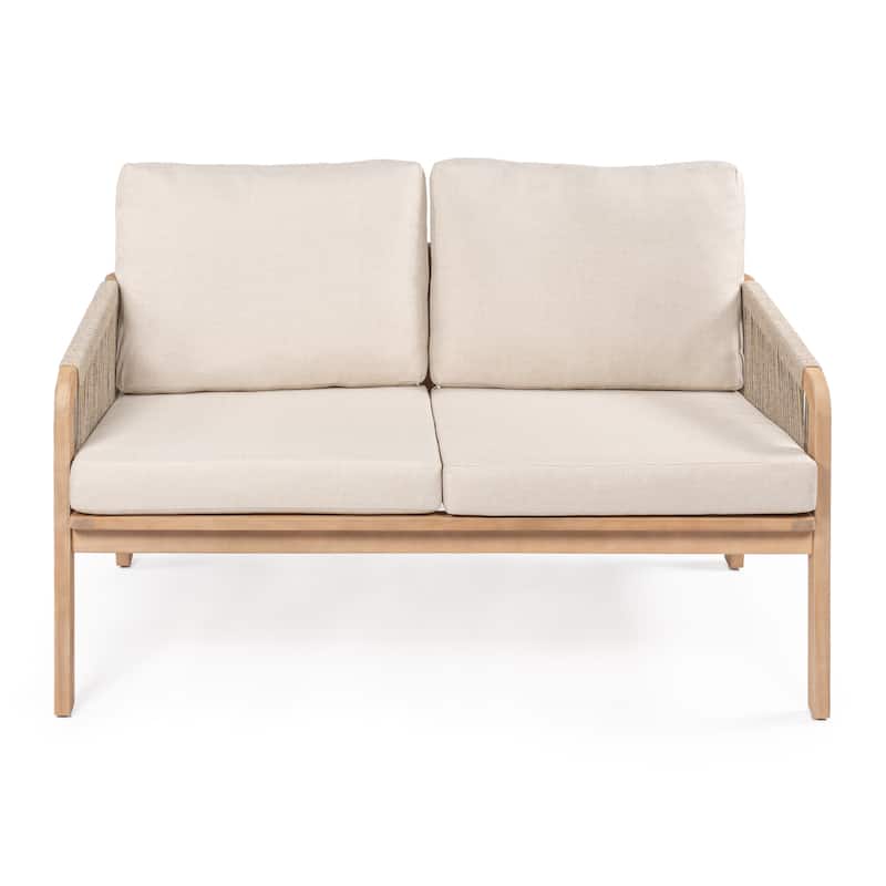 Gable Modern Bohemian Roped Acacia Wood Outdoor Loveseat with Cushions, by JONATHAN Y - Beige
