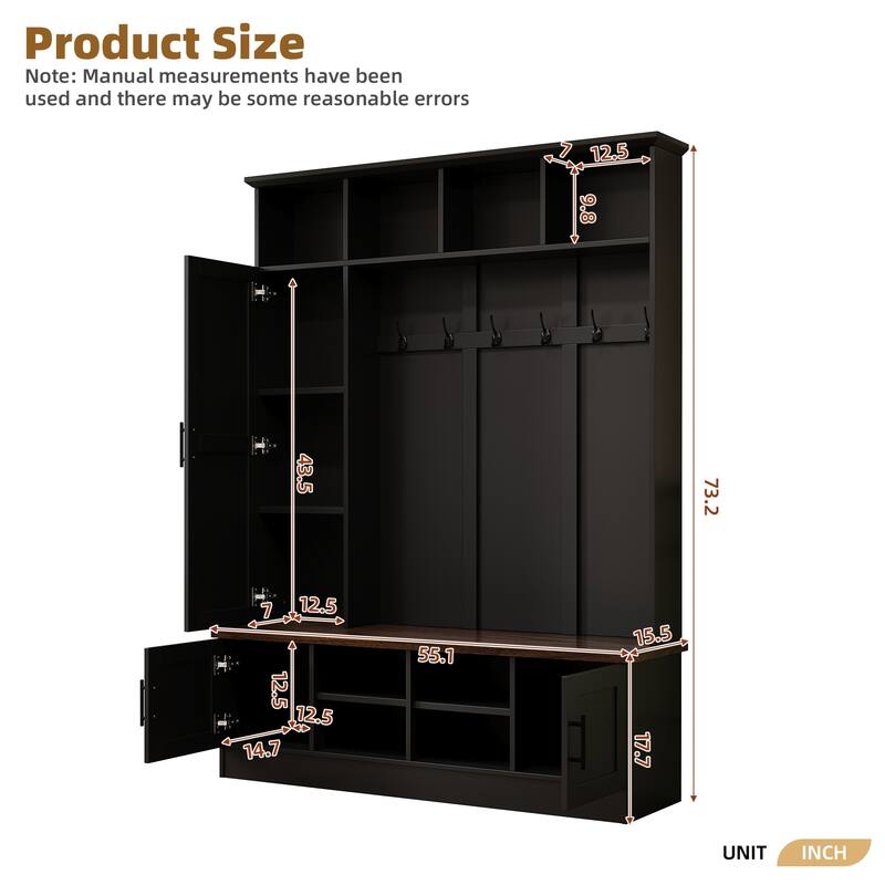 Versatile 3-in-1 Farmhouse Hall Tree with with 6 Hooks & Adjustable Shelves - Walnut Storage Benchr