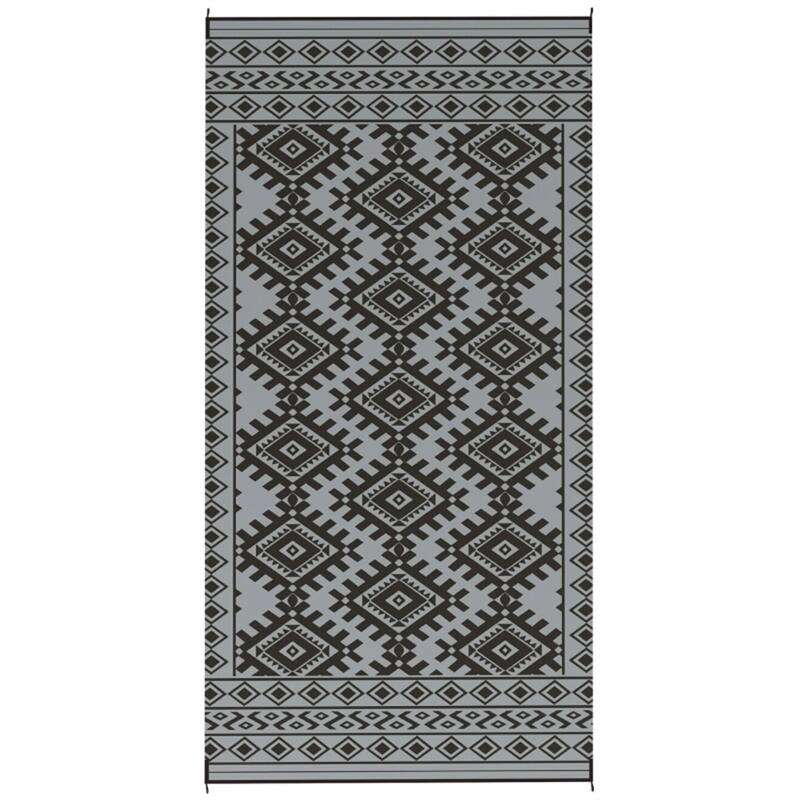 Reversible Outdoor Rug Rhombus Border UV Protected Foldable Camping RV Patio Picnic Mat - 215.7" L x 107.9" W - Black and Gray