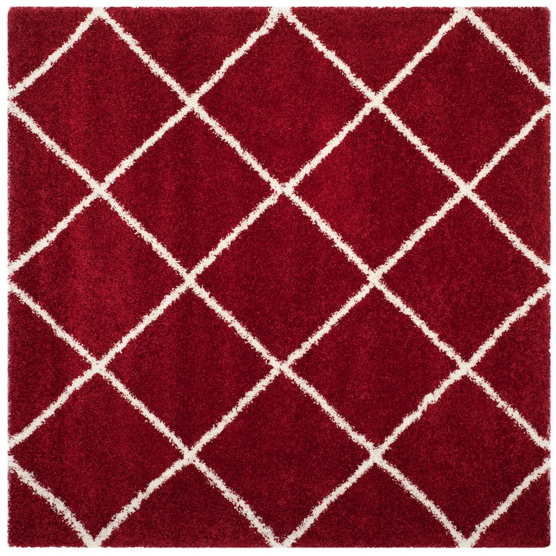 SAFAVIEH Hudson Shag Estella Diamond Trellis 2-inch Thick Rug - 7' x 7' Square - Red/Ivory