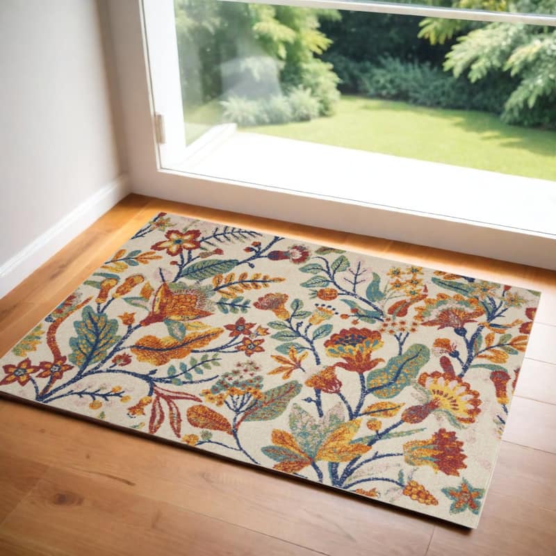 Gafat Power Loomed Floral Traditional Low Pile Area Rug By HomeRoots - 72' X '48' X '0.25 - 72' X '48' X '0.25 - Orange and Ivory - Rectangle