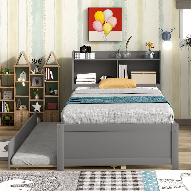 Space-Saving Twin Bed with Trundle and Bookcase, Grey