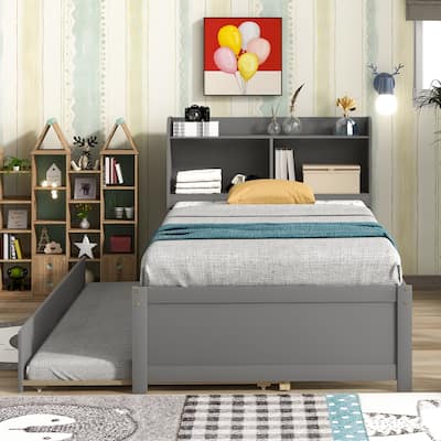 Twin Wood Platform Bed with Trundle, Versatile Platform Bed with Storage Headboard, Solid Wood Bedframe for Living Room Bedroom