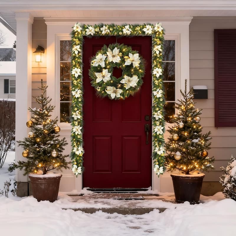 24 Inch Pre-Lit Christmas Wreaths for Front Door 60cm Xmas Wreath Artificial Wreaths with 50 Lights - N/A