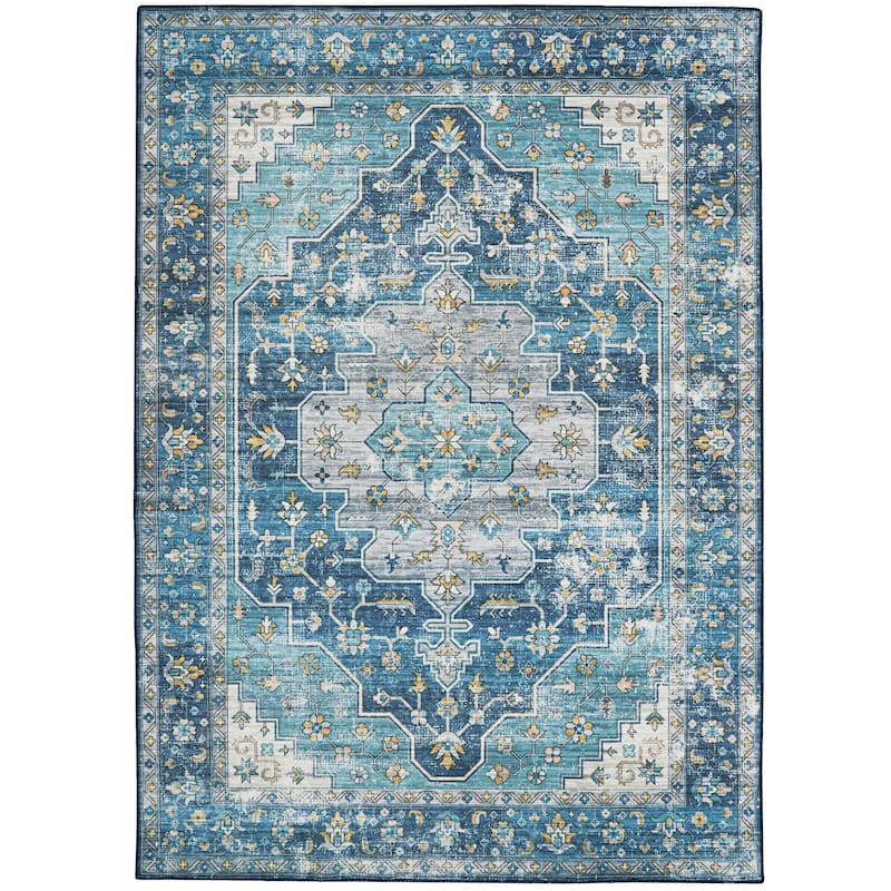 Sariah Machine Washlable Teal and Ivory Area Rug - 5' x 7'