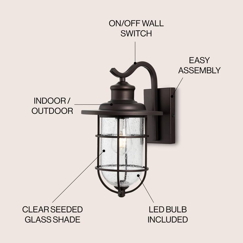 Marais 10.5" 1-Light Iron/Seeded Glass Rustic Industrial Cage LED Outdoor Lantern, Oil Rubbed Bronze by JONATHAN Y