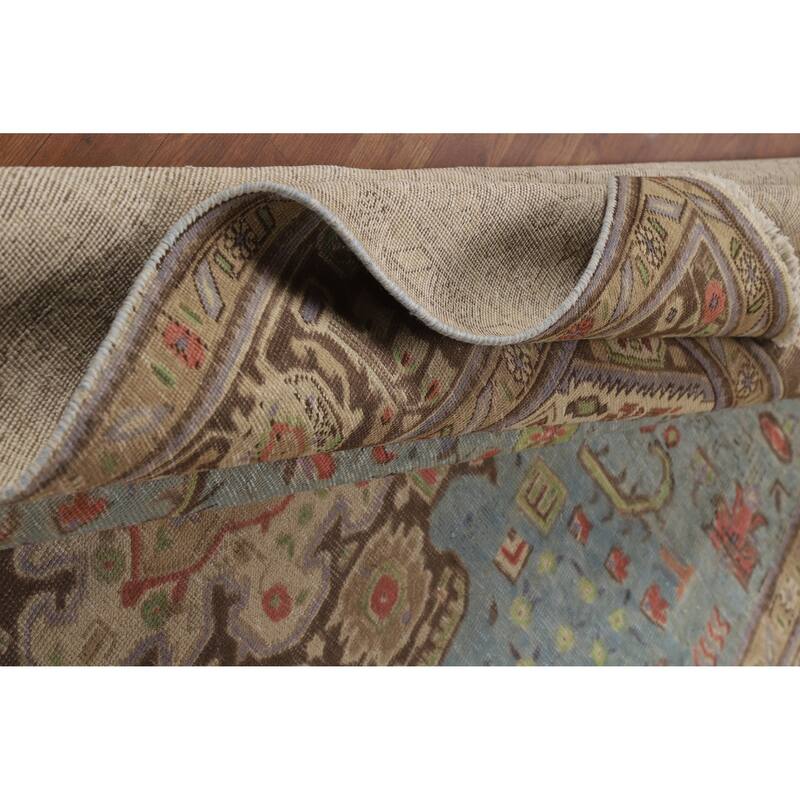 Light Blue Geometric Tabriz Persian Vintage Rug Handmade Wool Carpet - 7'10" x 10'9"