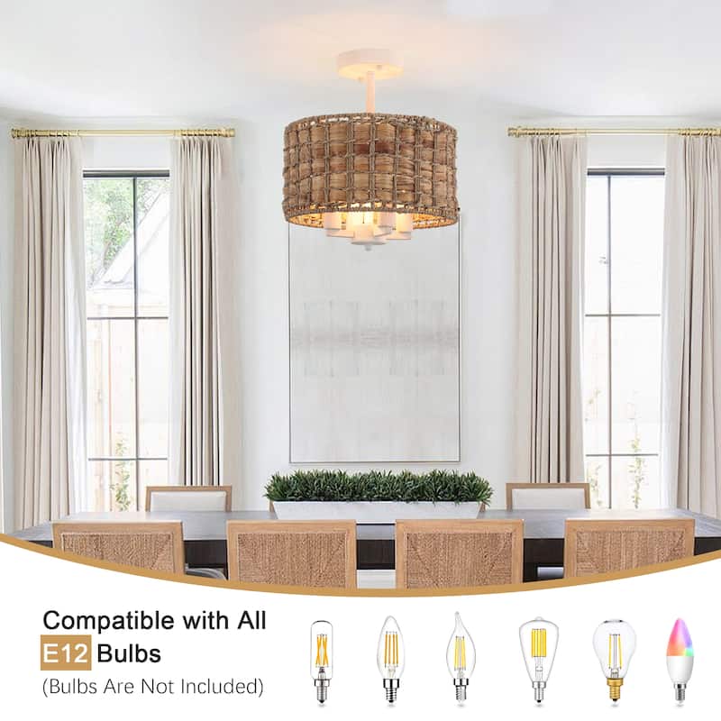 4-Light Classic Candlestick Hanging Semi Flush Mount Ceiling Lighting Chandelier with Rattan Shade for Dining Room