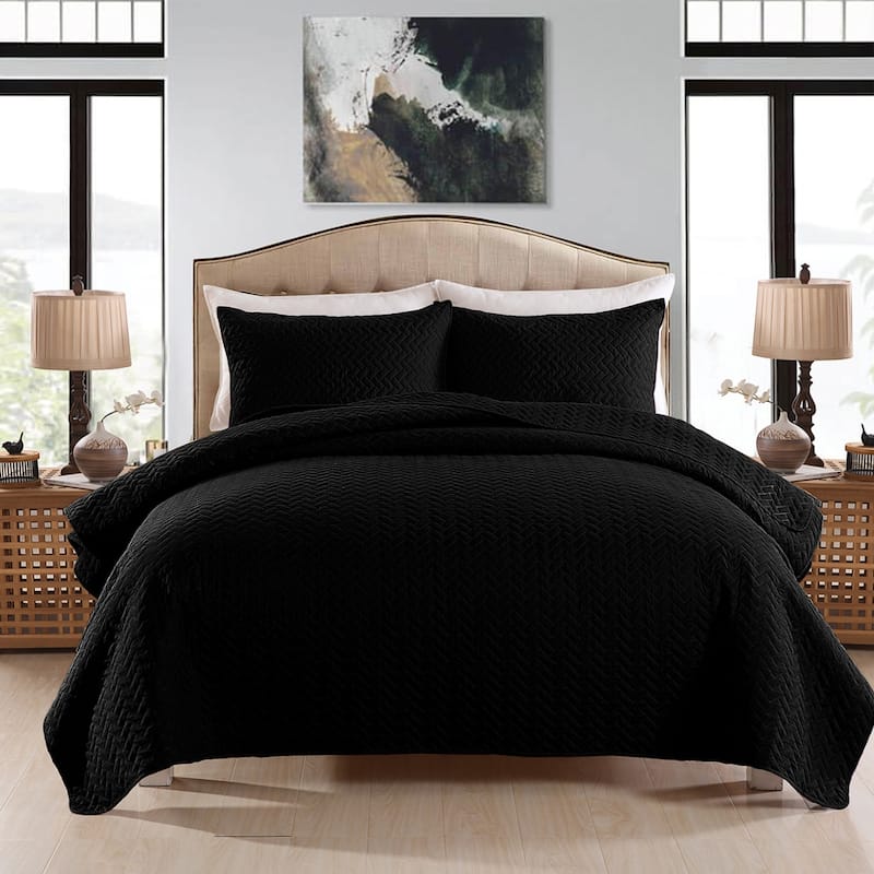 3-piece Fashionable Solid Embossed Quilt Set Bedspread Cover - Black basket weave - Queen