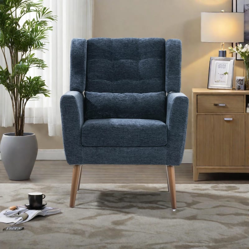 Chenille Modern Accent Chair with Wooden Legs and Mid-Century Lounge Chair (275lb Capacity) - Dark Blue