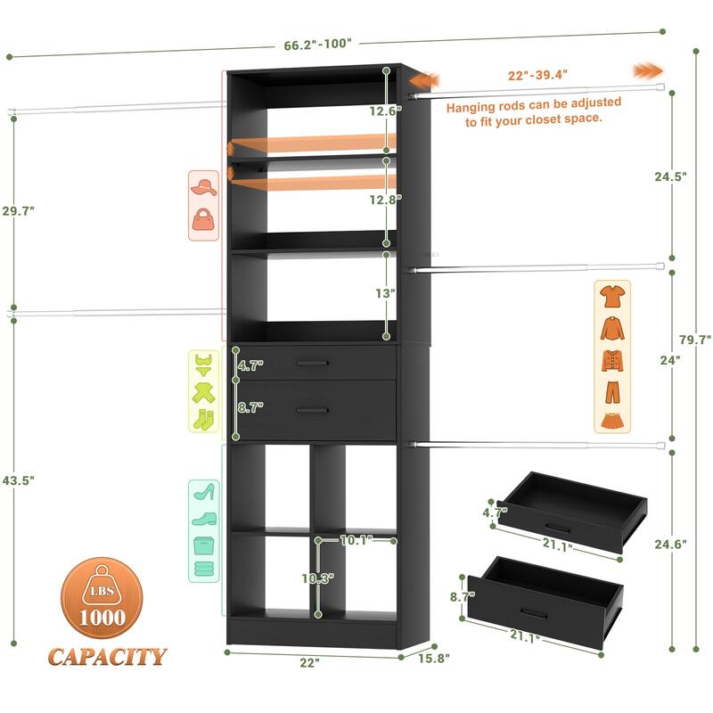 66''-100'' Walk-in Closet Organizer with 5 Hanging Rods and 2 Wooden Drawers，4-8FT Sturdy Closet System with Storage Shelves
