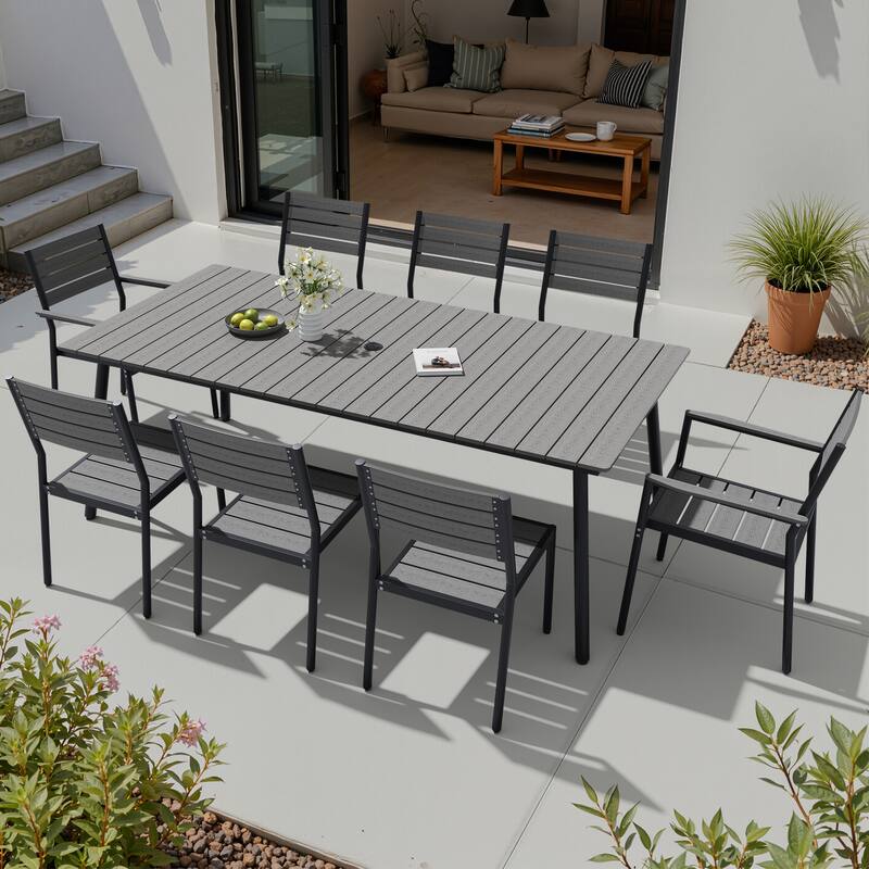 9-Piece Outdoor Patio Dining Set Wood-Like Table Top Alumium Umbrella Hole Table with Stackable Chairs - N/A - Grey