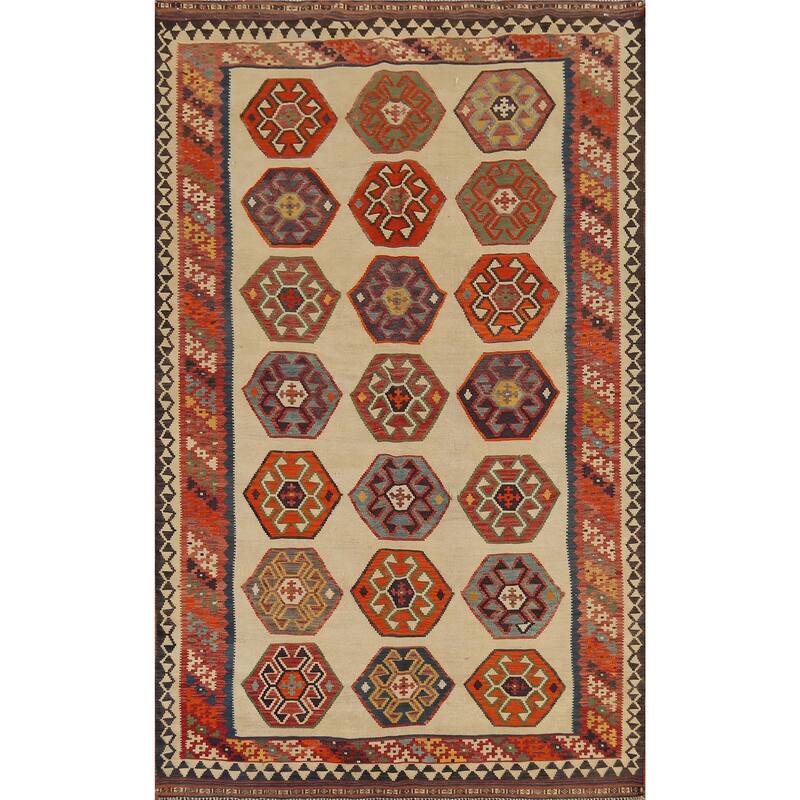 Kilim Qashqai Persian Vintage Rug Orientak Beige Wool Carpet - 5'1"x 8'3"