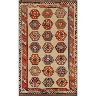 Kilim Qashqai Persian Vintage Rug Orientak Beige Wool Carpet - 5'1"x 8'3"