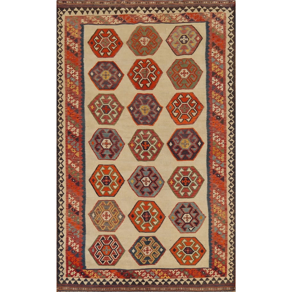 Kilim Qashqai Persian Vintage Rug Orientak Beige Wool Carpet - 5'1"x 8'3"