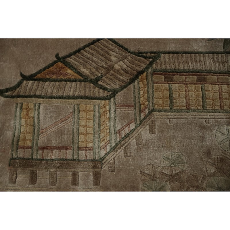 Hand Knotted Oriental Silk Carpet Traditional Pictorial Brown Art Deco Area Rug - 9' 2'' X 6' 0''