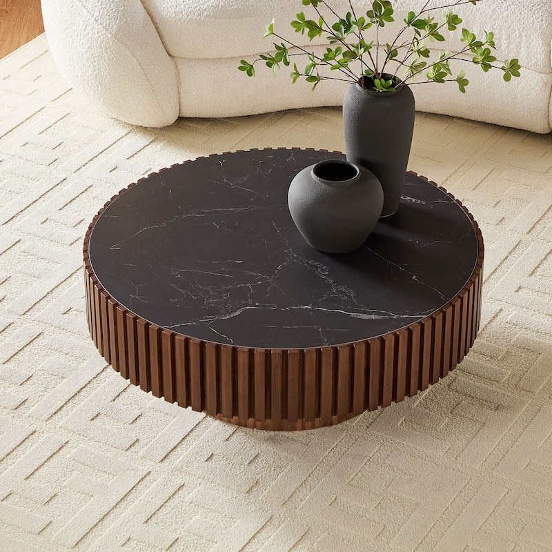 Luxury Round Coffee Table with Faux Marble Top, 35.43" Modern Low Drum Shape Cocktail Table for Living Room, Reception Room