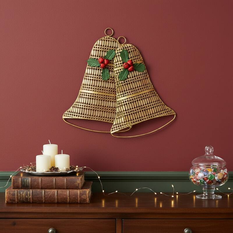 HomeRoots 14" X 14" Gold Metal Christmas Bells Hanging Dimensional Sculpture - Gold - 14.00 in. x 13.50 in.  x 2.00 in.