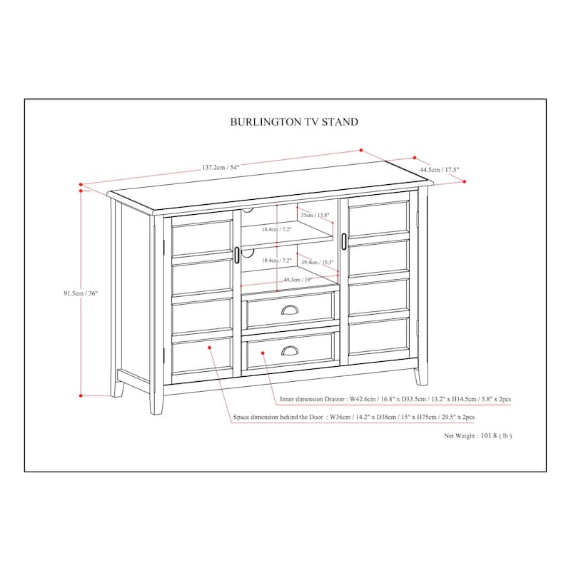 WYNDENHALL Portland SOLID WOOD 54 inch Wide Transitional TV Media Stand For TVs up to 60 inches - 54"w x 17.5"d x 36" h