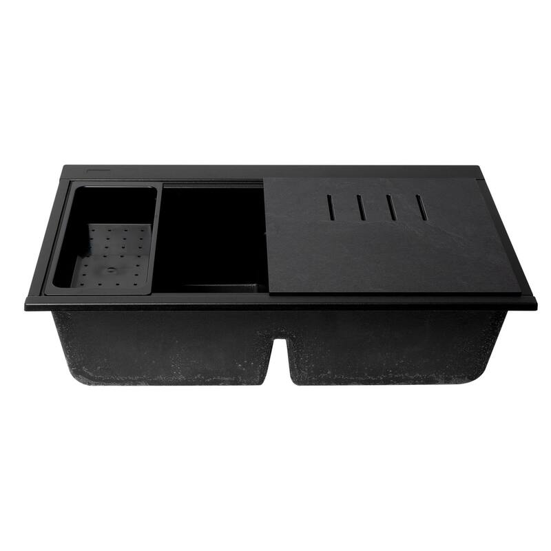 ALFI brand AB3418DBUM-BLA Black 33" Granite Composite Workstation Step Rim Double Bowl Undermount Sink with Accessories