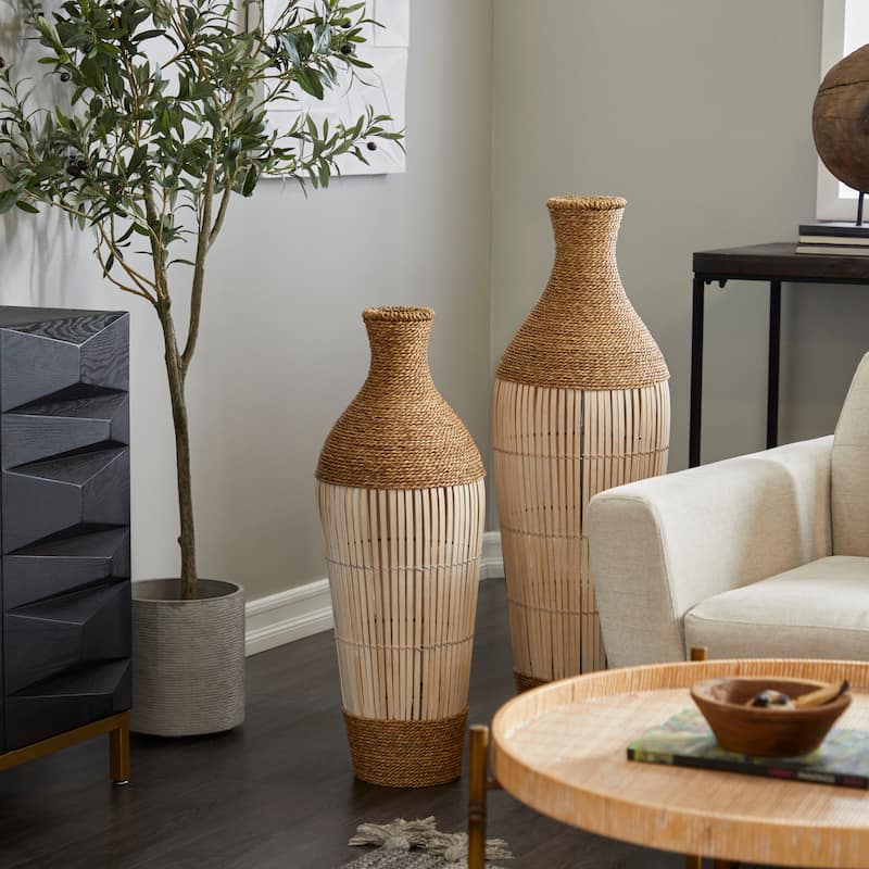 Seagrass Handmade Wrapped Tall Floor Vase with Cream Slatted or Mosaic Bamboo Center - Brown - Roche River Decor