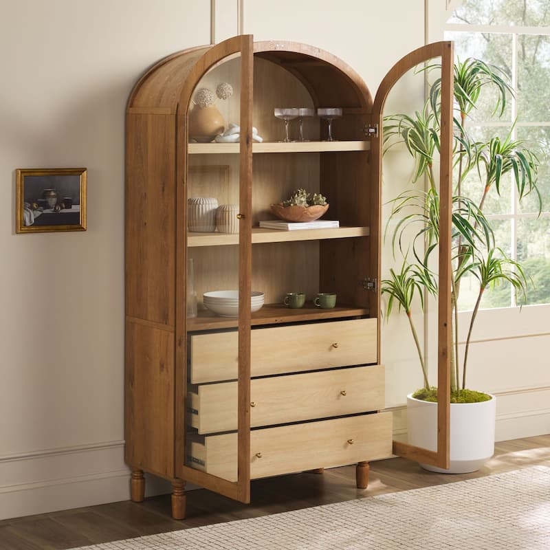Walker Edison Modern Arched MDF Bookshelf Cabinet with Tall Glass Doors