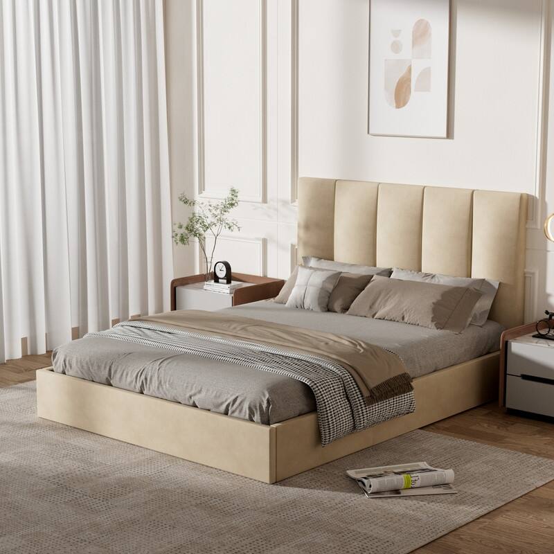 Modern Upholstered Lift-Up Storage Platform Bed with Headboard - Beige - Queen