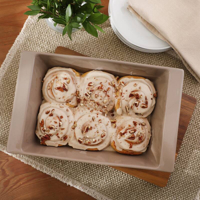 Gibson Elite 2 Quart or 2.75-Quart Stoneware Baking Dish with Acacia Wood Lid - Taupe Rectangular Oven Safe Baker