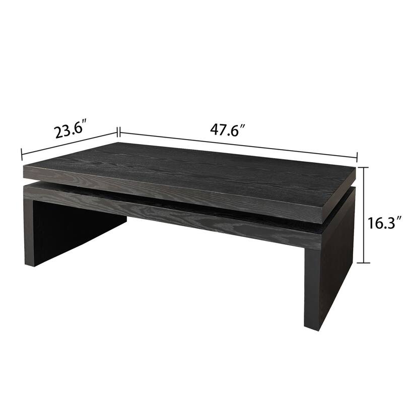 47.6" Rectangle Black Coffee Table, Modern Wood Grain 2-Tier Living Room Cocktail Table