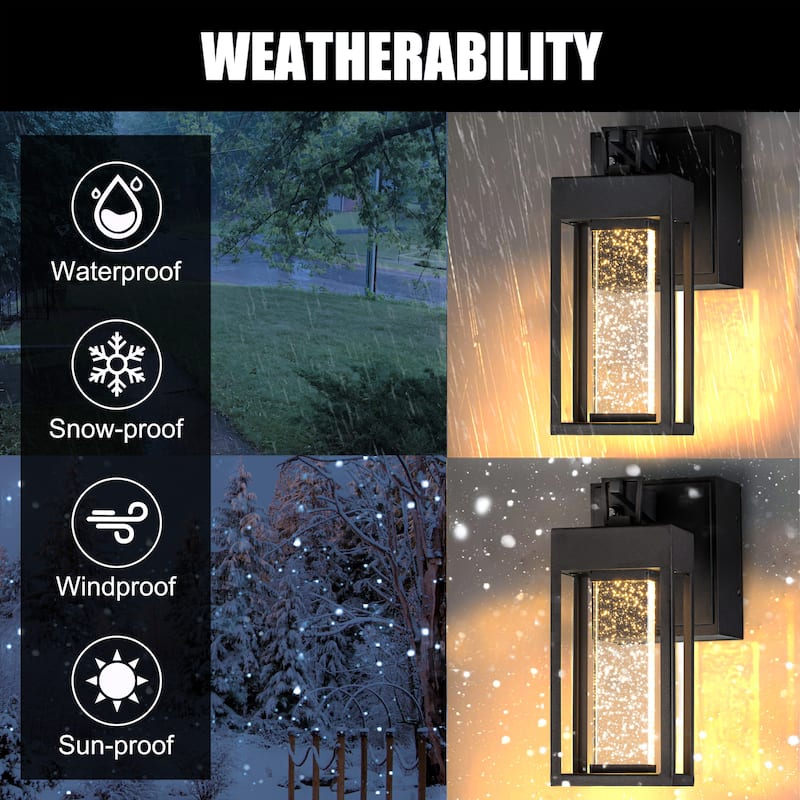 Modern LED Outdoor Black Dusk to Dawn Sensor Wall Lantern Sconce with Seeded Glass and built-in GFCI Outlets