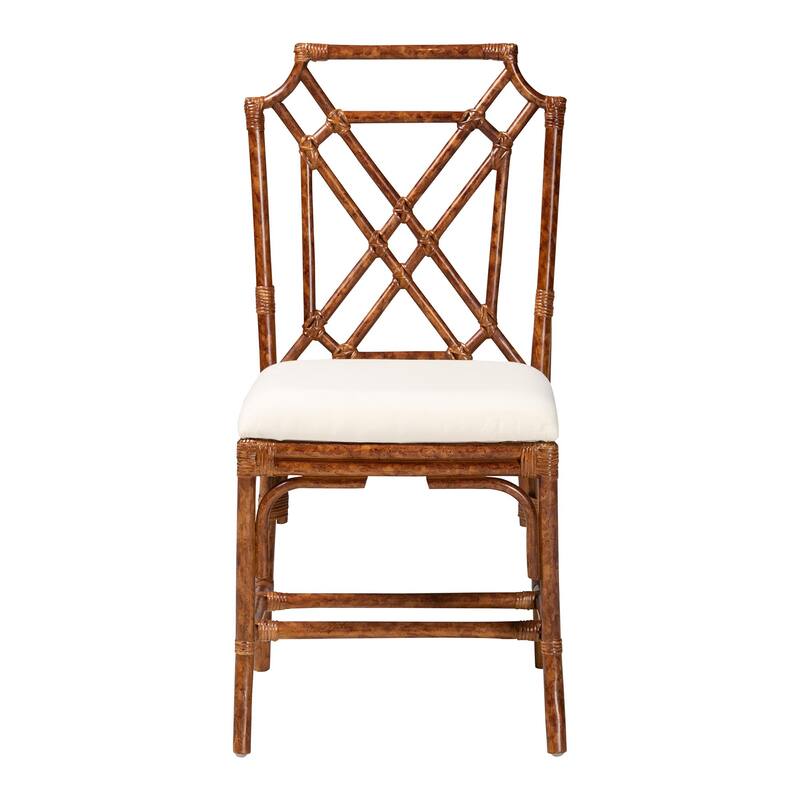 Esmery Marbled Tortoise Natural Rattan Dining Chair - Handcrafted Wicker Side Chair with Crisscross Back, Boho Coastal Seating