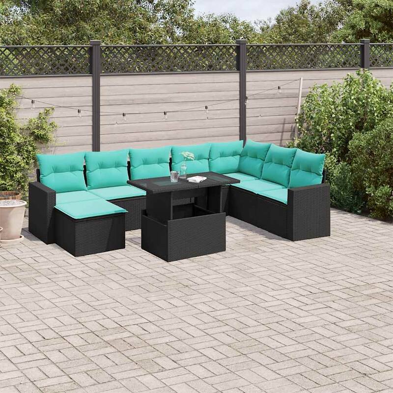 vidaXL Patio Sofa Set with Cushions and Table Outdoor 9 Piece Poly Rattan - 24.4 x 24.4 x 27.2 - Black without storage