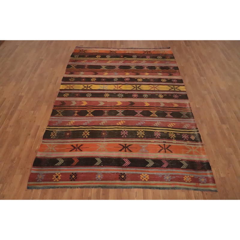 Hand Woven Oriental 100% Wool Carpet Southwestern Tribal Oranges & Rust Kilim Area Rug - 8' 9'' X 6' 3''